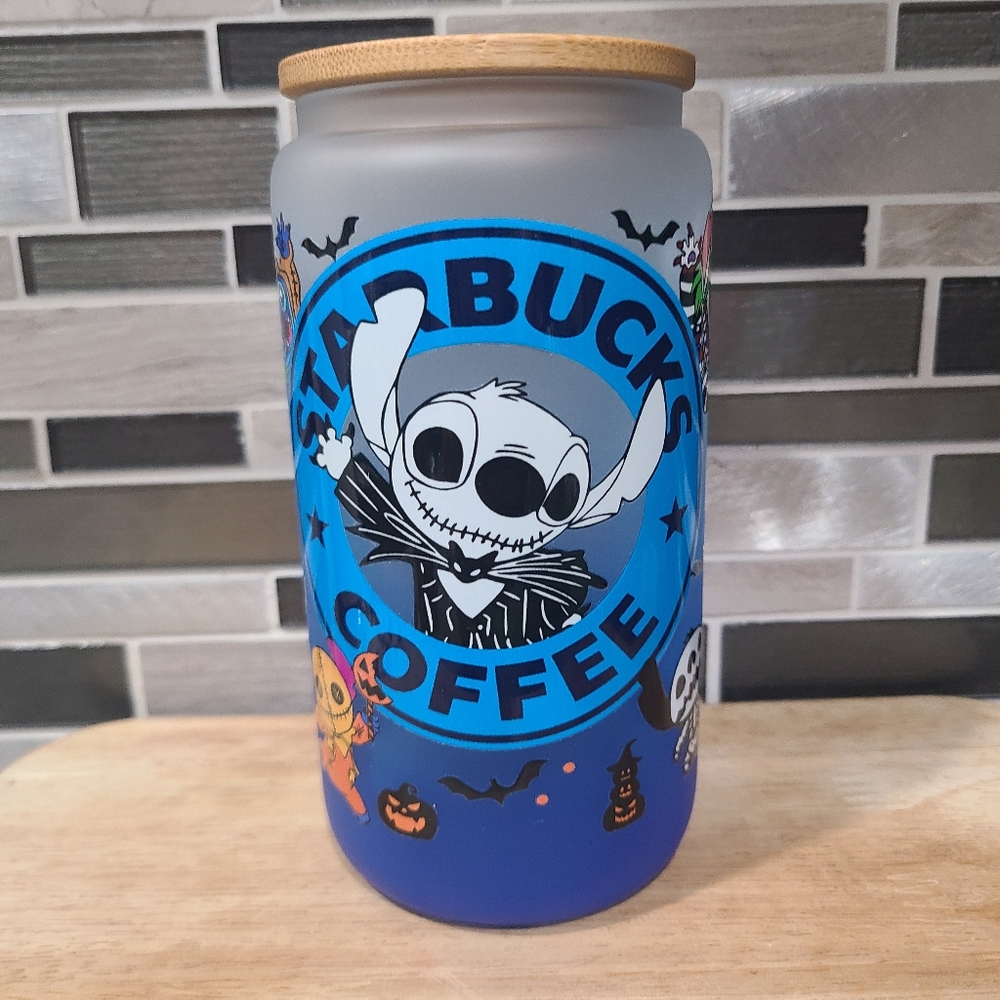 Spooky Stitch & Friends 16oz Frosted Can Glass with Lid & Straw